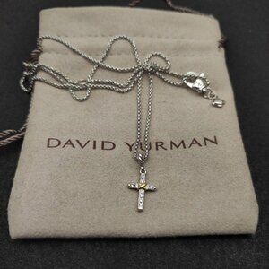 David Yurman 925 Silver & Gold Pave Diamond Cross Necklace with Original Pouch
